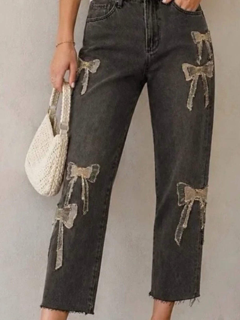 driftwood black Royce straight jeans with embroidered bows